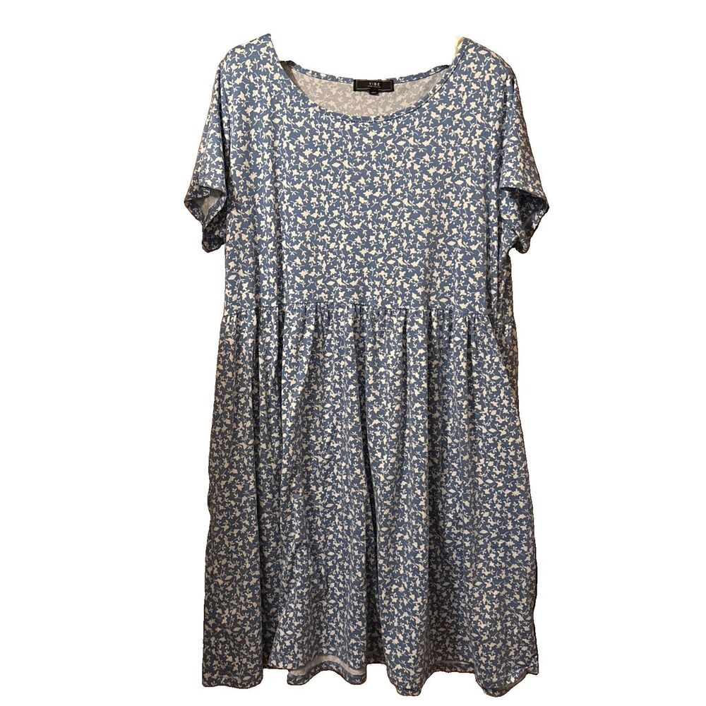 Women’s Vibe Sportswear Blue Casual Floral Knit Baby Doll Dress Size 3X